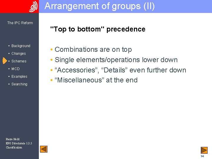 Arrangement of groups (II) The IPC Reform "Top to bottom" precedence • Background •