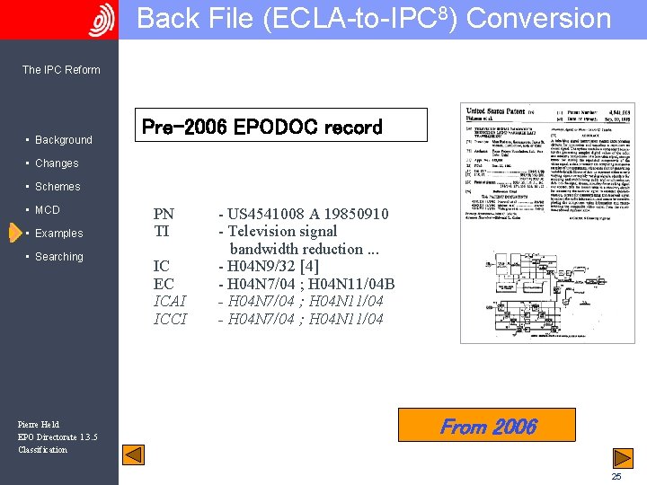 Back File (ECLA-to-IPC 8) Conversion The IPC Reform • Background Pre-2006 EPODOC record •
