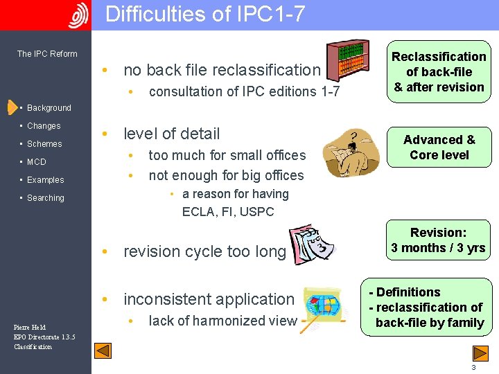 Difficulties of IPC 1 -7 The IPC Reform • no back file reclassification •