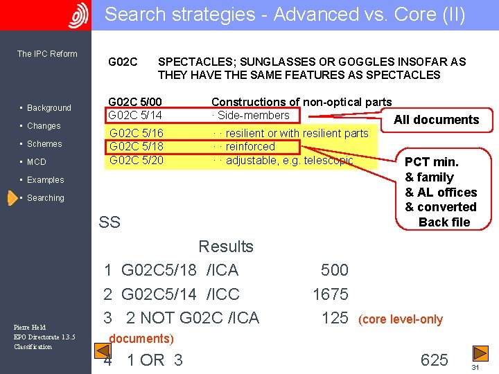 Search strategies - Advanced vs. Core (II) The IPC Reform • Background • Changes