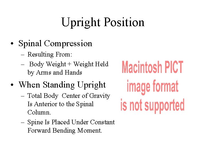 Upright Position • Spinal Compression – Resulting From: – Body Weight + Weight Held