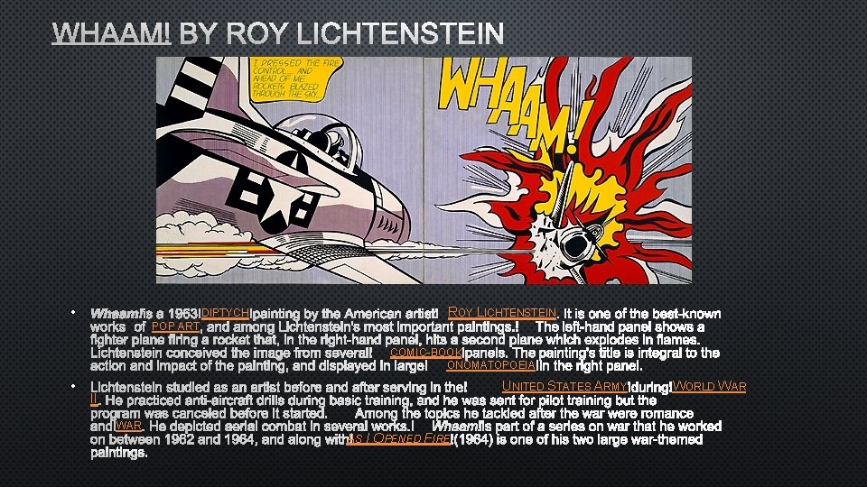 WHAAM! BY ROY LICHTENSTEIN • POP ART DIPTYCH ROY LICHTENSTEIN COMIC-BOOK ONOMATOPOEIA • UNITED