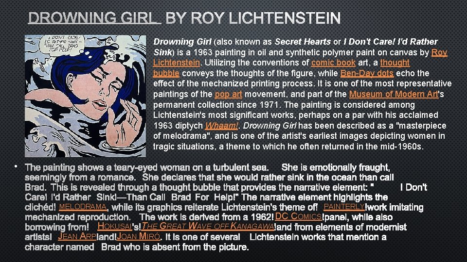 DROWNING GIRL BY ROY LICHTENSTEIN Drowning Girl (also known as Secret Hearts or I