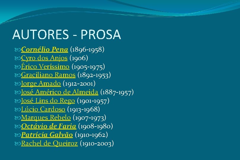 AUTORES - PROSA Cornélio Pena (1896 -1958) Cyro dos Anjos (1906) Érico Veríssimo (1905