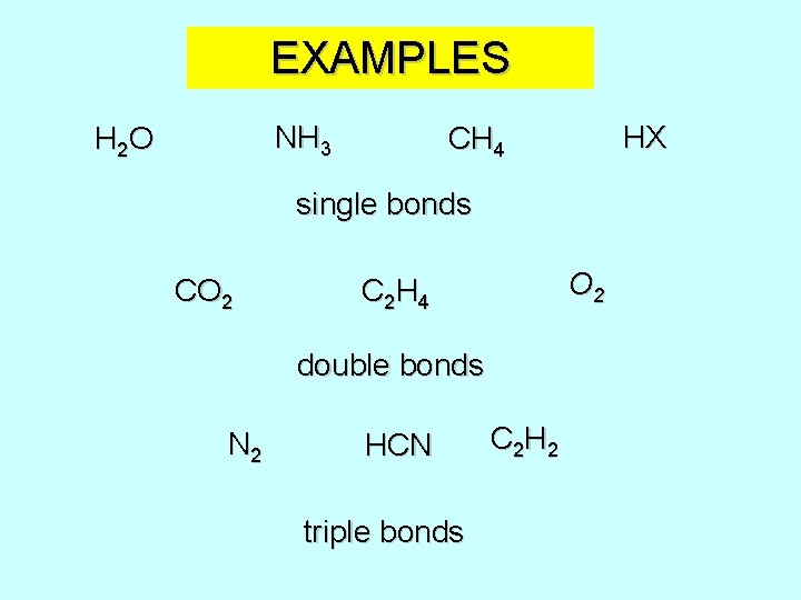EXAMPLES NH 3 H 2 O HX CH 4 single bonds CO 2 C