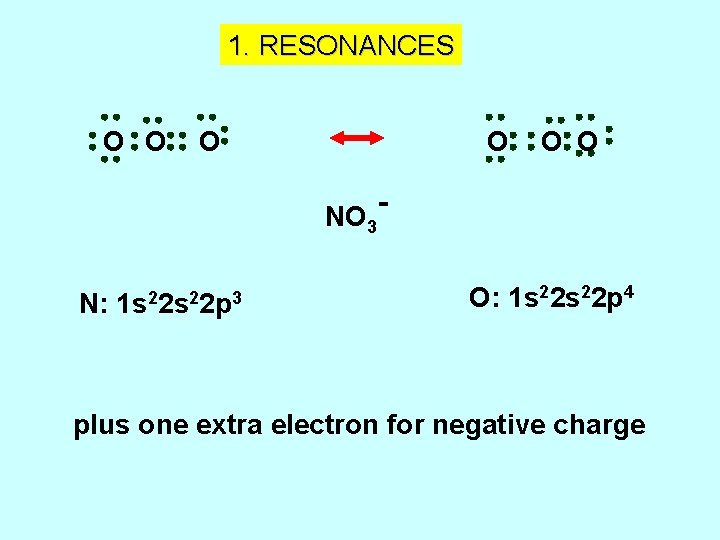 1. RESONANCES O O NO 3 N: 1 s 22 p 3 O O