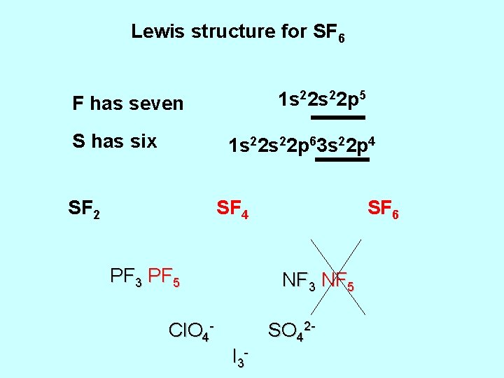 Lewis structure for SF 6 1 s 22 p 5 F has seven S