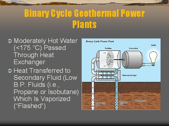 Binary Cycle Geothermal Power Plants Ü Moderately Hot Water (<175 °C) Passed Through Heat