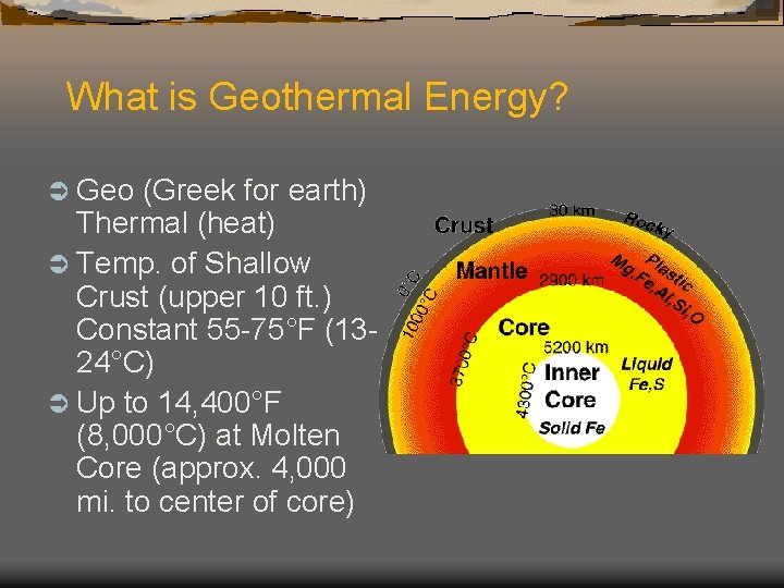 What is Geothermal Energy? Ü Geo (Greek for earth) Thermal (heat) Ü Temp. of