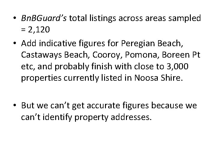  • Bn. BGuard’s total listings across areas sampled = 2, 120 • Add