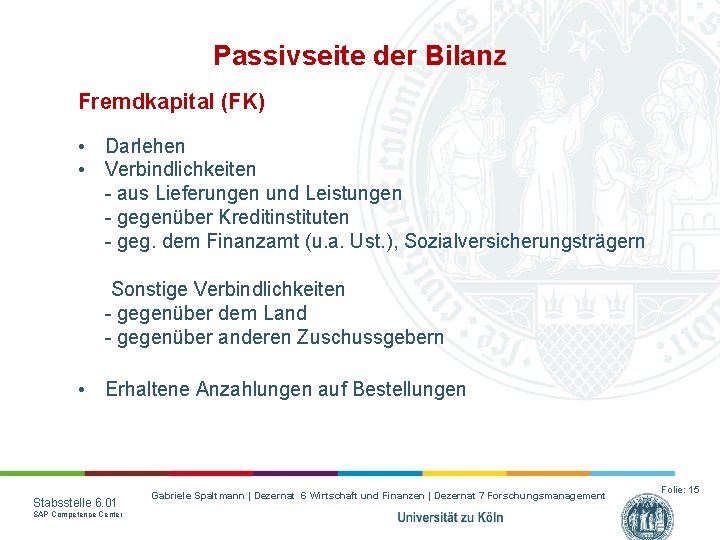 Passivseite der Bilanz Fremdkapital (FK) • Darlehen • Verbindlichkeiten - aus Lieferungen und Leistungen