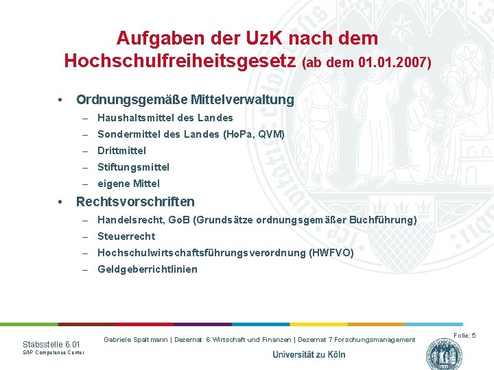 Aufgaben der Uz. K nach dem Hochschulfreiheitsgesetz (ab dem 01. 2007) • Ordnungsgemäße Mittelverwaltung