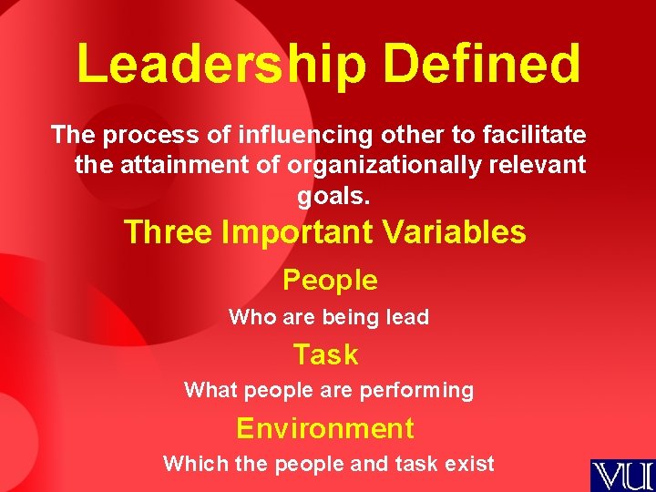 Leadership Defined The process of influencing other to facilitate the attainment of organizationally relevant
