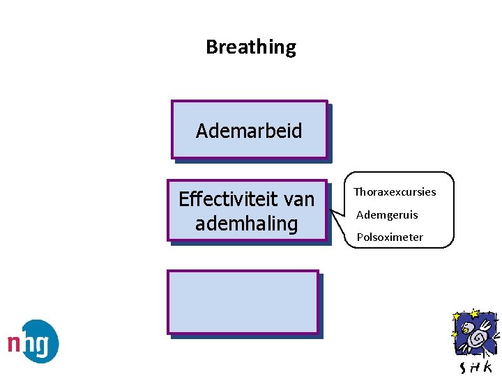 Breathing Ademarbeid Effectiviteit van ademhaling Thoraxexcursies Ademgeruis Polsoximeter 