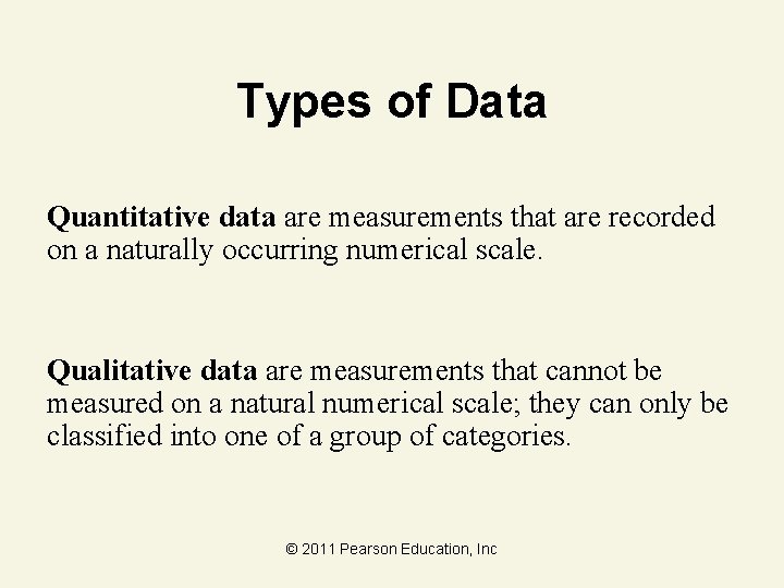 Types of Data Quantitative data are measurements that are recorded on a naturally occurring