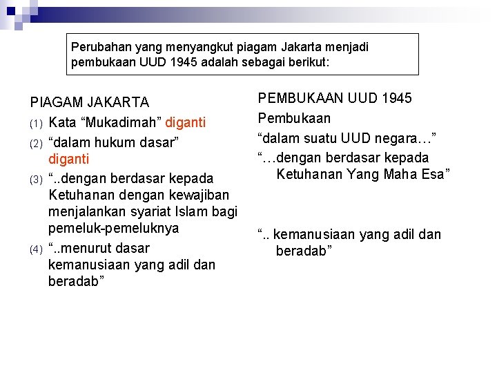 Perubahan yang menyangkut piagam Jakarta menjadi pembukaan UUD 1945 adalah sebagai berikut: PIAGAM JAKARTA