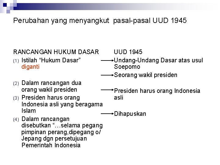 Perubahan yang menyangkut pasal-pasal UUD 1945 RANCANGAN HUKUM DASAR (1) Istilah “Hukum Dasar” diganti