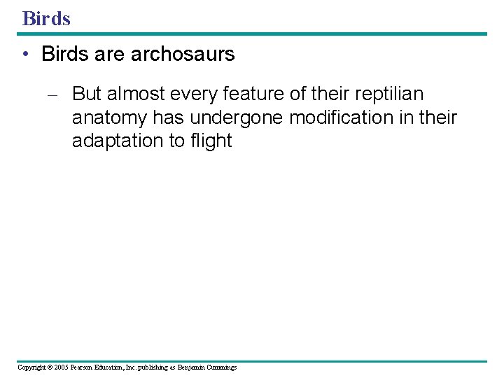 Birds • Birds are archosaurs – But almost every feature of their reptilian anatomy