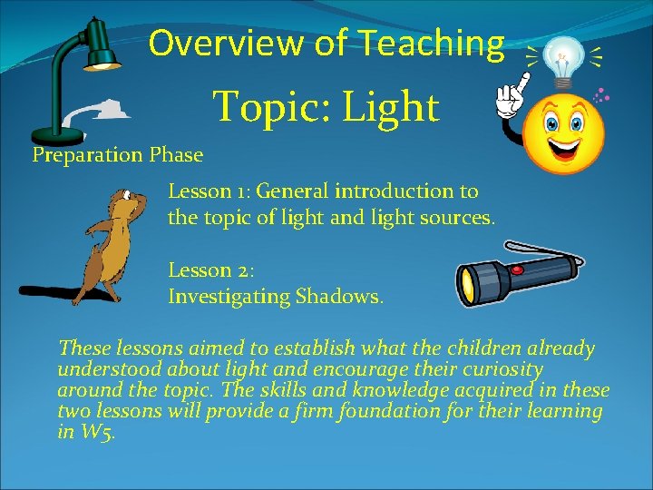 Overview of Teaching Topic: Light Preparation Phase Lesson 1: General introduction to the topic