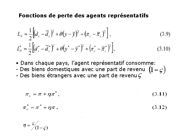 Fonctions de perte des agents représentatifs • Dans chaque pays, l’agent représentatif consomme: -