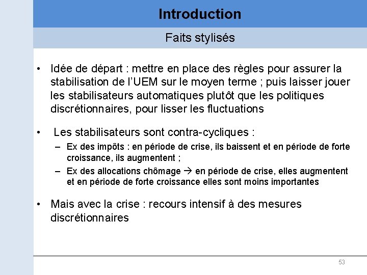Introduction Faits stylisés • Idée de départ : mettre en place des règles pour