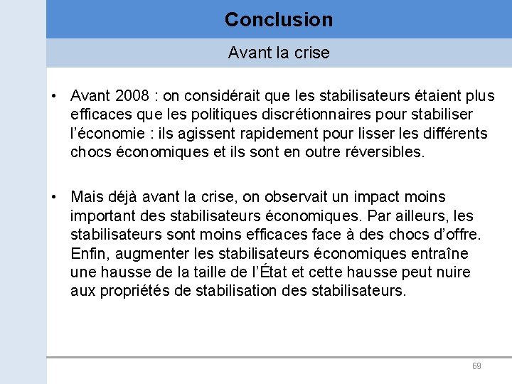 Conclusion Avant la crise • Avant 2008 : on considérait que les stabilisateurs étaient