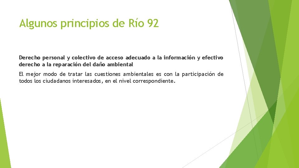 Algunos principios de Río 92 Derecho personal y colectivo de acceso adecuado a la