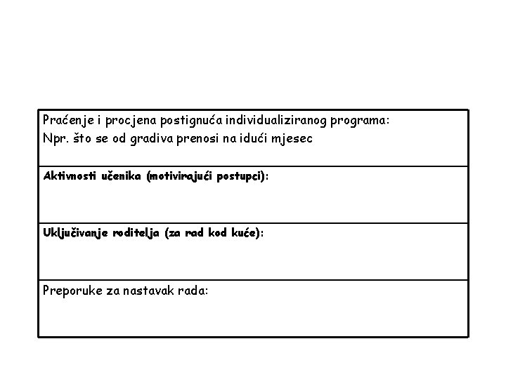 Praćenje i procjena postignuća individualiziranog programa: Npr. što se od gradiva prenosi na idući