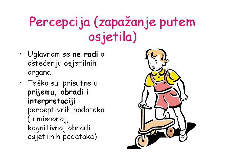 Percepcija (zapažanje putem osjetila) • Uglavnom se ne radi o oštećenju osjetilnih organa •