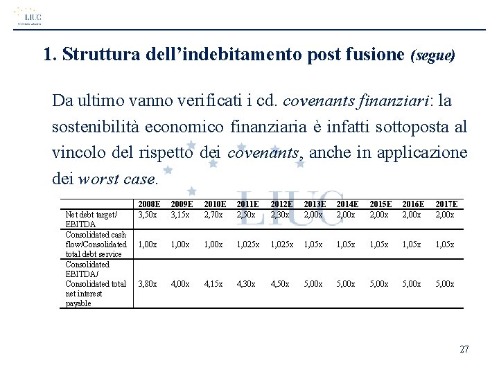 1. Struttura dell’indebitamento post fusione (segue) Da ultimo vanno verificati i cd. covenants finanziari: