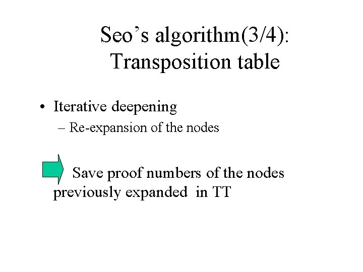 Seo’s algorithm(3/4): Transposition table • Iterative deepening – Re-expansion of the nodes Save proof