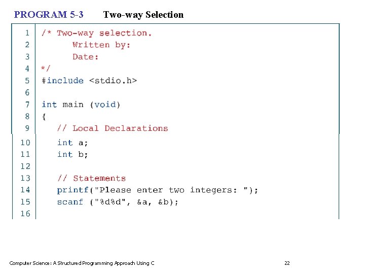 PROGRAM 5 -3 Two-way Selection Computer Science: A Structured Programming Approach Using C 22