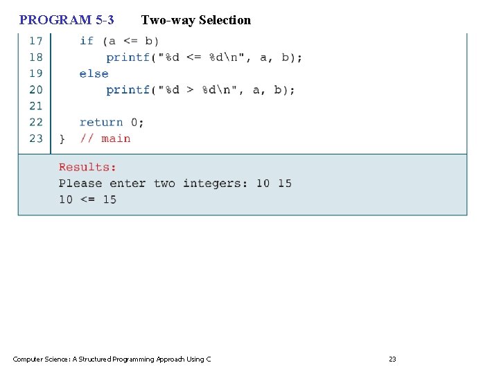 PROGRAM 5 -3 Two-way Selection Computer Science: A Structured Programming Approach Using C 23