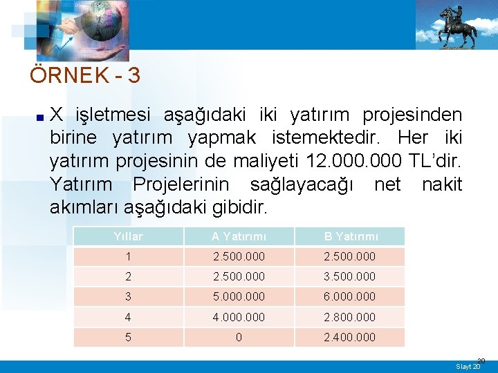 ÖRNEK - 3 ■ X işletmesi aşağıdaki iki yatırım projesinden birine yatırım yapmak istemektedir.