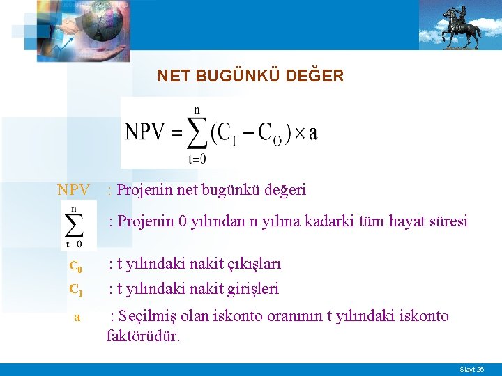 NET BUGÜNKÜ DEĞER NPV : Projenin net bugünkü değeri : Projenin 0 yılından n