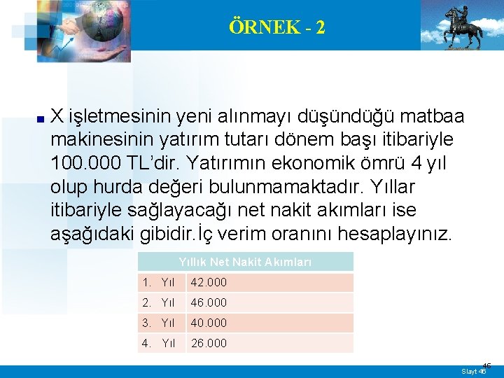 ÖRNEK - 2 ■ X işletmesinin yeni alınmayı düşündüğü matbaa makinesinin yatırım tutarı dönem