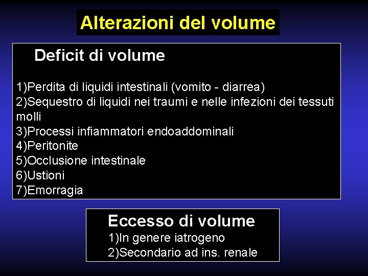 Alterazioni del volume Deficit di volume 1)Perdita di liquidi intestinali (vomito - diarrea) 2)Sequestro