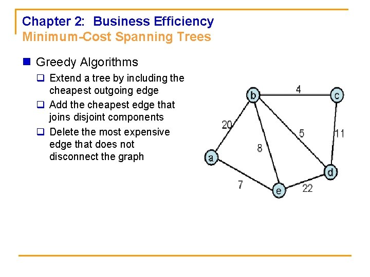 Chapter 2: Business Efficiency Minimum-Cost Spanning Trees n Greedy Algorithms q Extend a tree