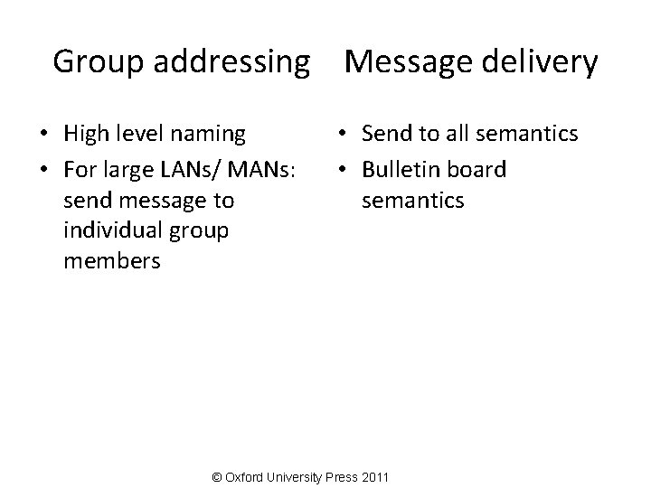 Group addressing Message delivery • High level naming • For large LANs/ MANs: send