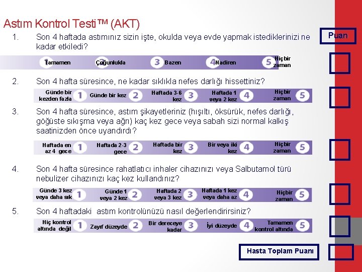 Astım Kontrol Testi™ (AKT) 1. Son 4 haftada astımınız sizin işte, okulda veya evde