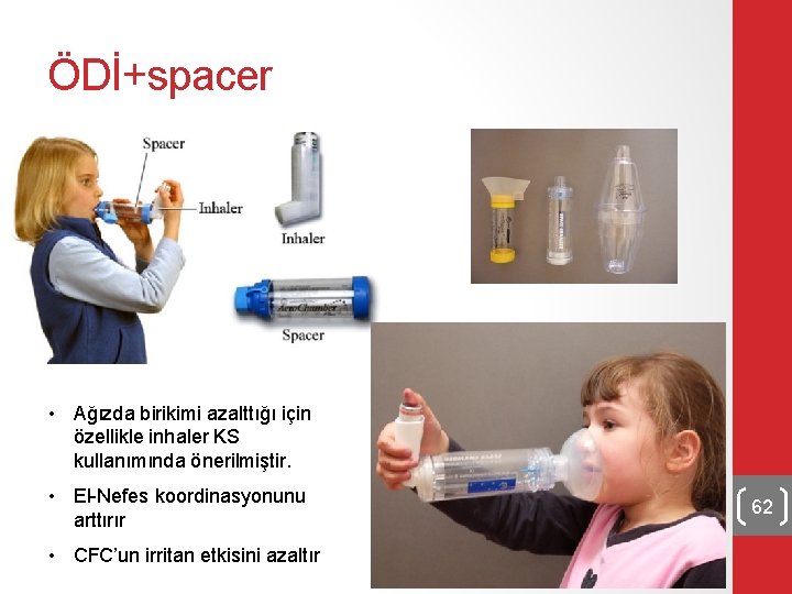 ÖDİ+spacer • Ağızda birikimi azalttığı için özellikle inhaler KS kullanımında önerilmiştir. • El-Nefes koordinasyonunu