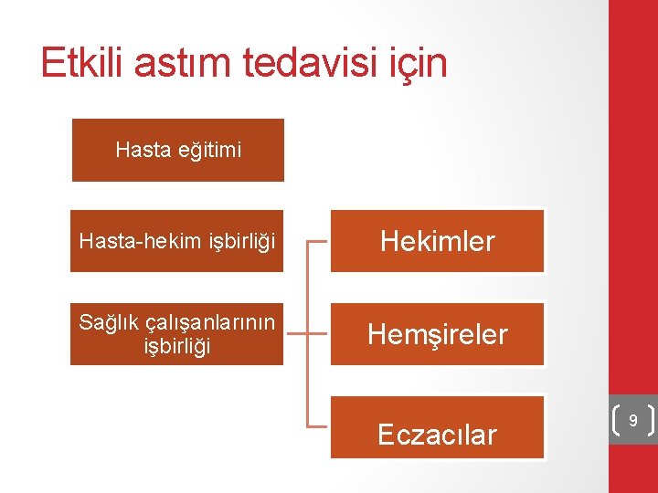 Etkili astım tedavisi için Hasta eğitimi Hasta-hekim işbirliği Hekimler Sağlık çalışanlarının işbirliği Hemşireler Eczacılar