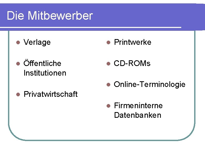 Die Mitbewerber l Verlage l Printwerke l Öffentliche Institutionen l CD-ROMs l Online-Terminologie l