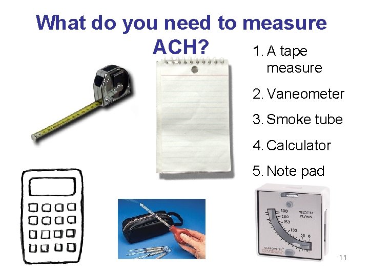 What do you need to measure ACH? 1. A tape measure 2. Vaneometer 3.