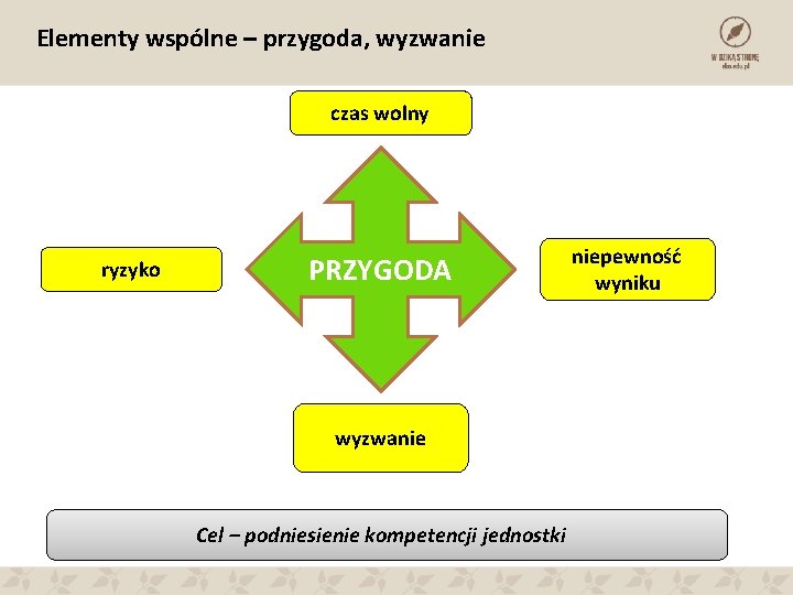 Elementy wspólne – przygoda, wyzwanie czas wolny ryzyko PRZYGODA wyzwanie Cel – podniesienie kompetencji