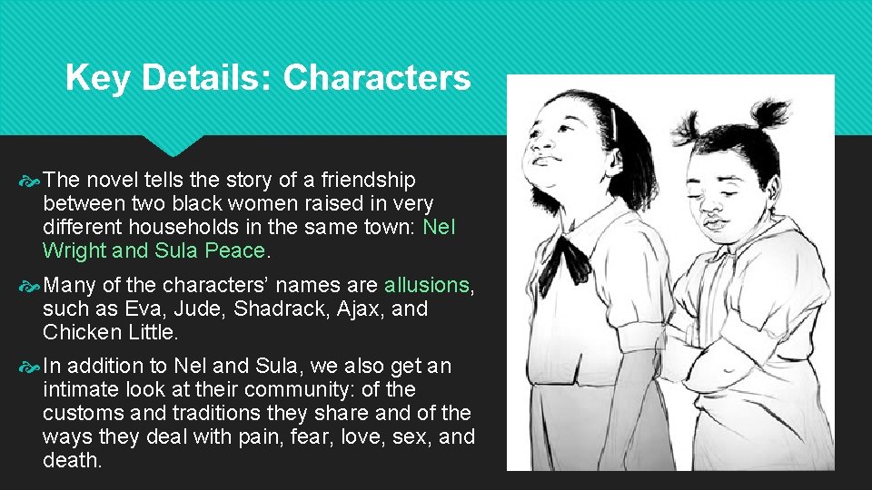 Key Details: Characters The novel tells the story of a friendship between two black