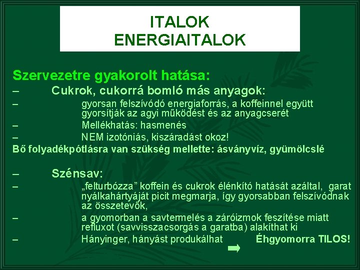 ITALOK ENERGIAITALOK Szervezetre gyakorolt hatása: – Cukrok, cukorrá bomló más anyagok: – gyorsan felszívódó