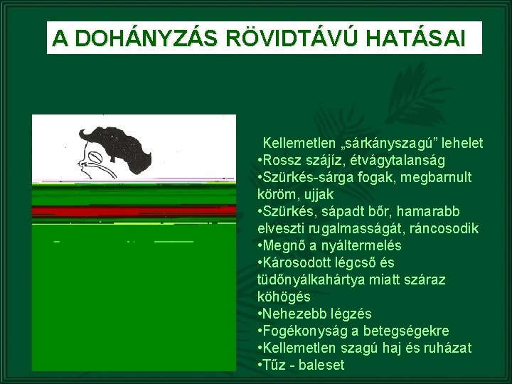 A DOHÁNYZÁS RÖVIDTÁVÚ HATÁSAI Kellemetlen „sárkányszagú” lehelet • Rossz szájíz, étvágytalanság • Szürkés-sárga fogak,