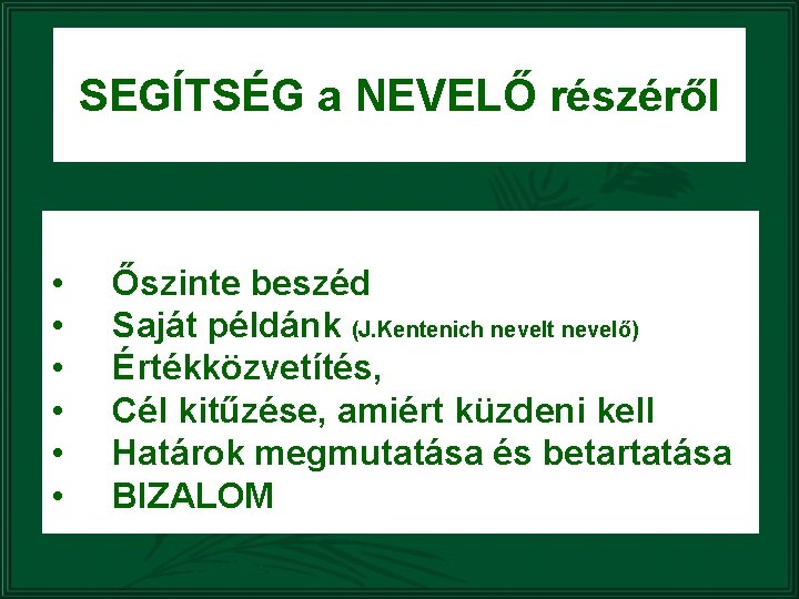 SEGÍTSÉG a NEVELŐ részéről • • • Őszinte beszéd Saját példánk (J. Kentenich nevelt