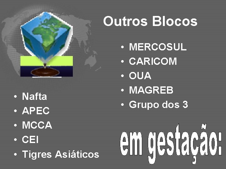 Outros Blocos • • • Nafta APEC MCCA CEI Tigres Asiáticos • • •